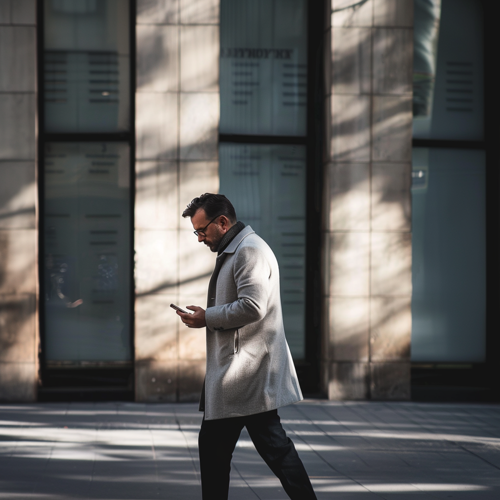 Businessman walking outdoors while using a smartphone.
