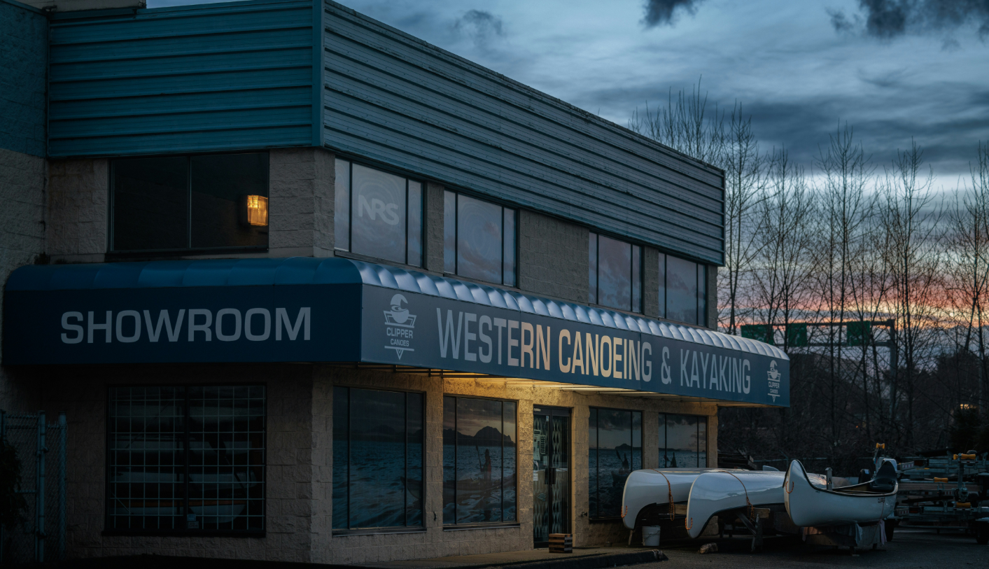 Canoe and kayak showroom building at sunset in NB, canada.