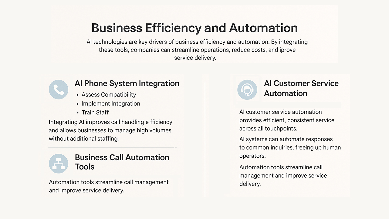 Infographic explaining AI tools for business efficiency, phone system integration, and customer service automation.