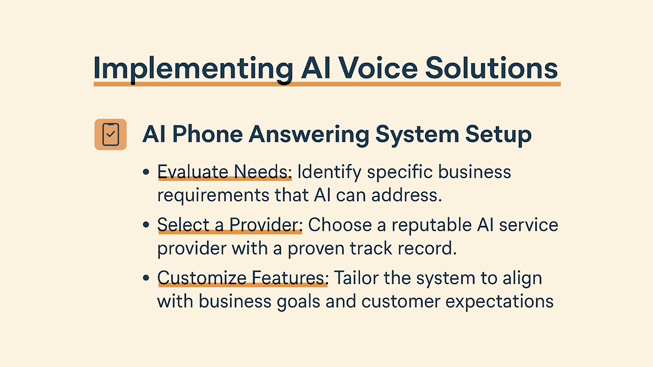 Graphic outlining the setup steps for implementing an AI phone answering system in business. Let me know if you'd like a version tailored for SEO or LinkedIn-specific content.