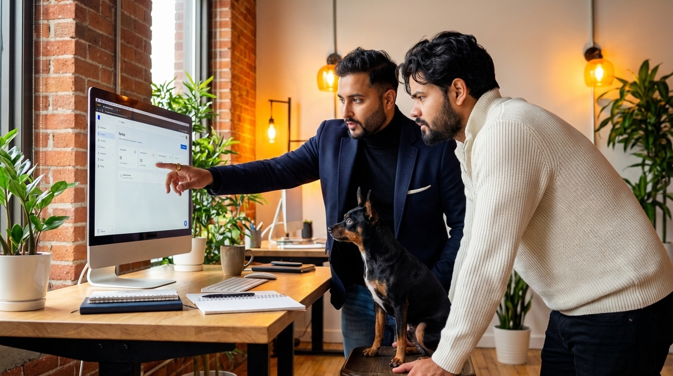 Meet and Nikhil reviewing a marketing dashboard at DigiBenders' office with Zara.