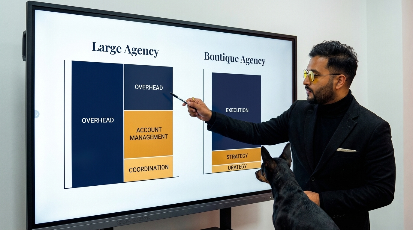 Nikhil presenting a Large Agency vs Boutique Agency comparison with Zara.