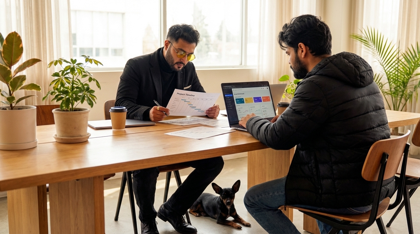 Nikhil and Meet collaborating on a project timeline