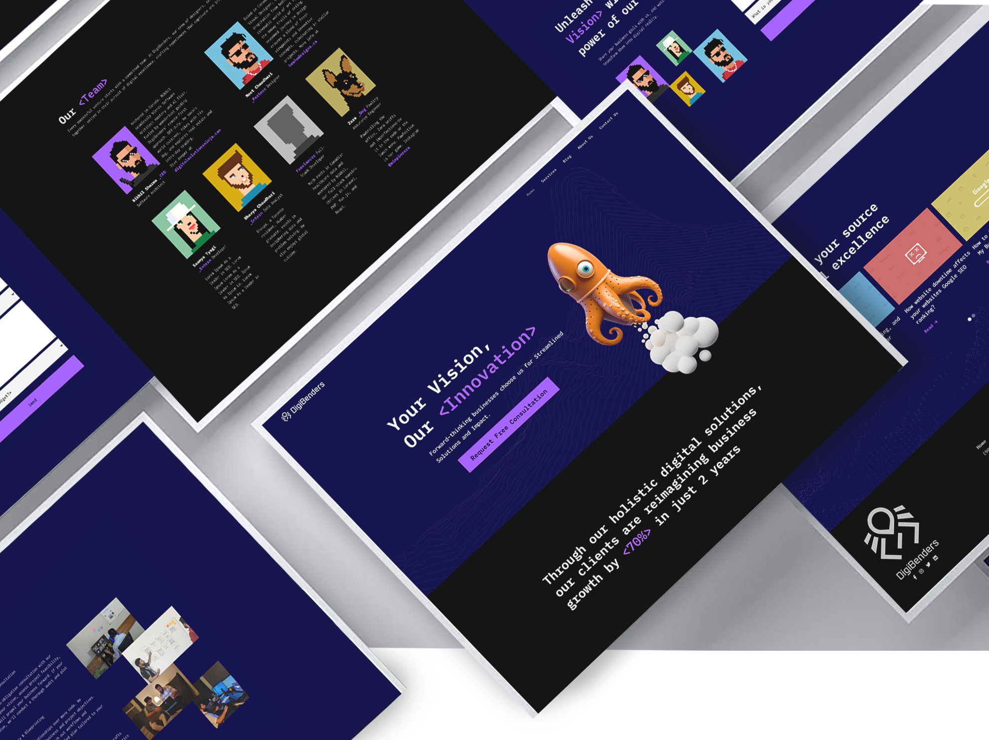 Web design mockups showcasing branding and UI for a digital agency website.