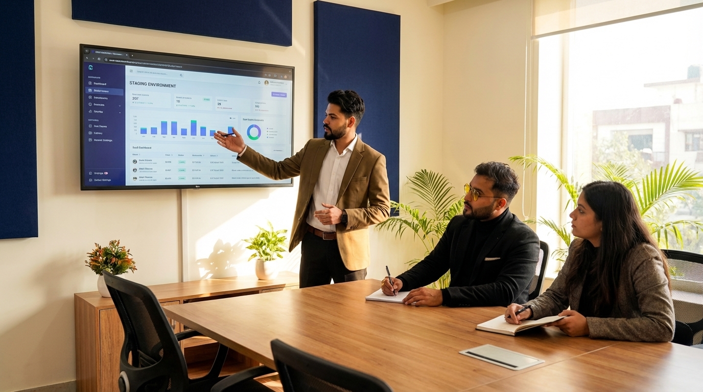 A DigiBenders discussing a SaaS staging environment during a sprint