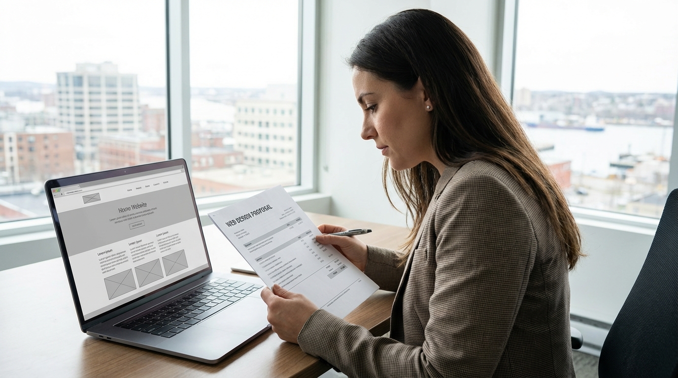 Woman in Atlantic Canada reviewing a web design proposal at a desk with a wireframe on her laptop screen and a city waterfront in the background.