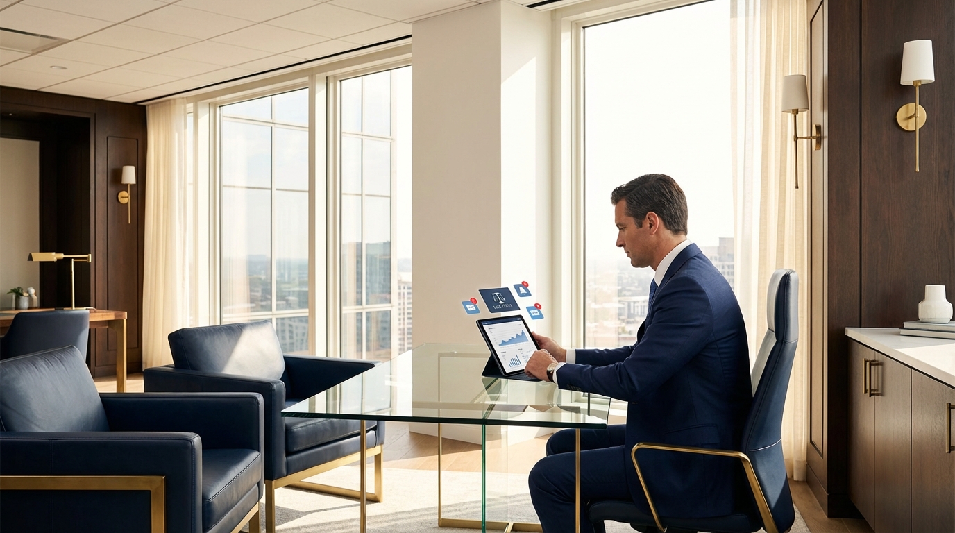 Lawyer in a navy suit reviewing case analytics and law firm notifications on a tablet in a high-rise office.