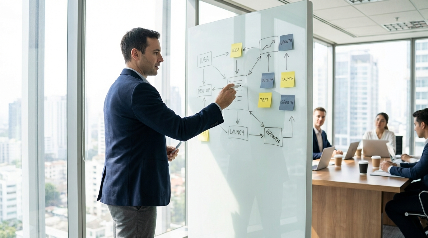 Business consultant mapping an idea-to-growth workflow on a whiteboard during a team meeting.