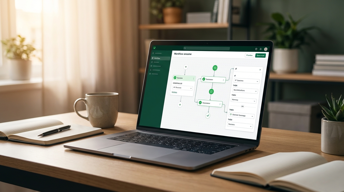 Workflow automation dashboard open on a laptop showing an if-then logic flow for business process automation.