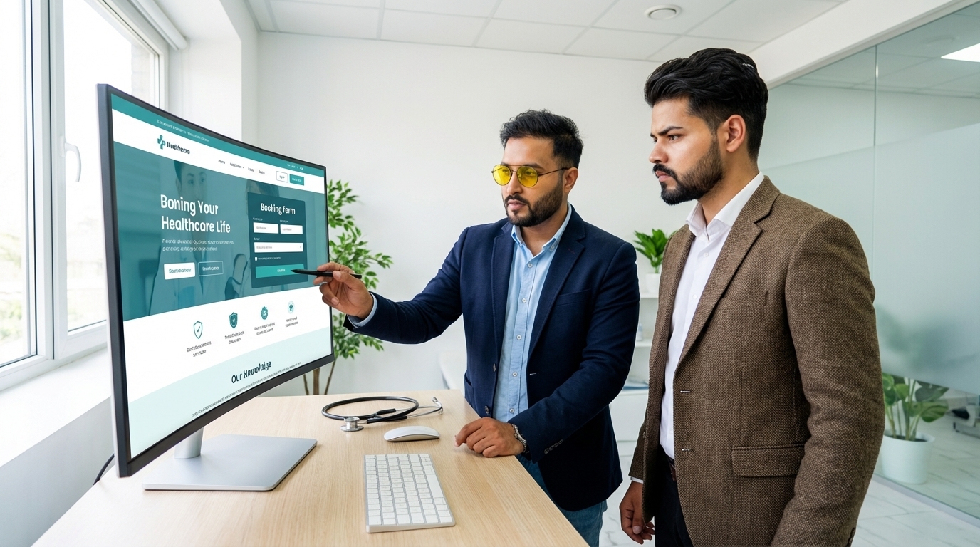 Meet and Nikhil reviewing a HIPAA-compliant healthcare website design in Atlantic Canada.