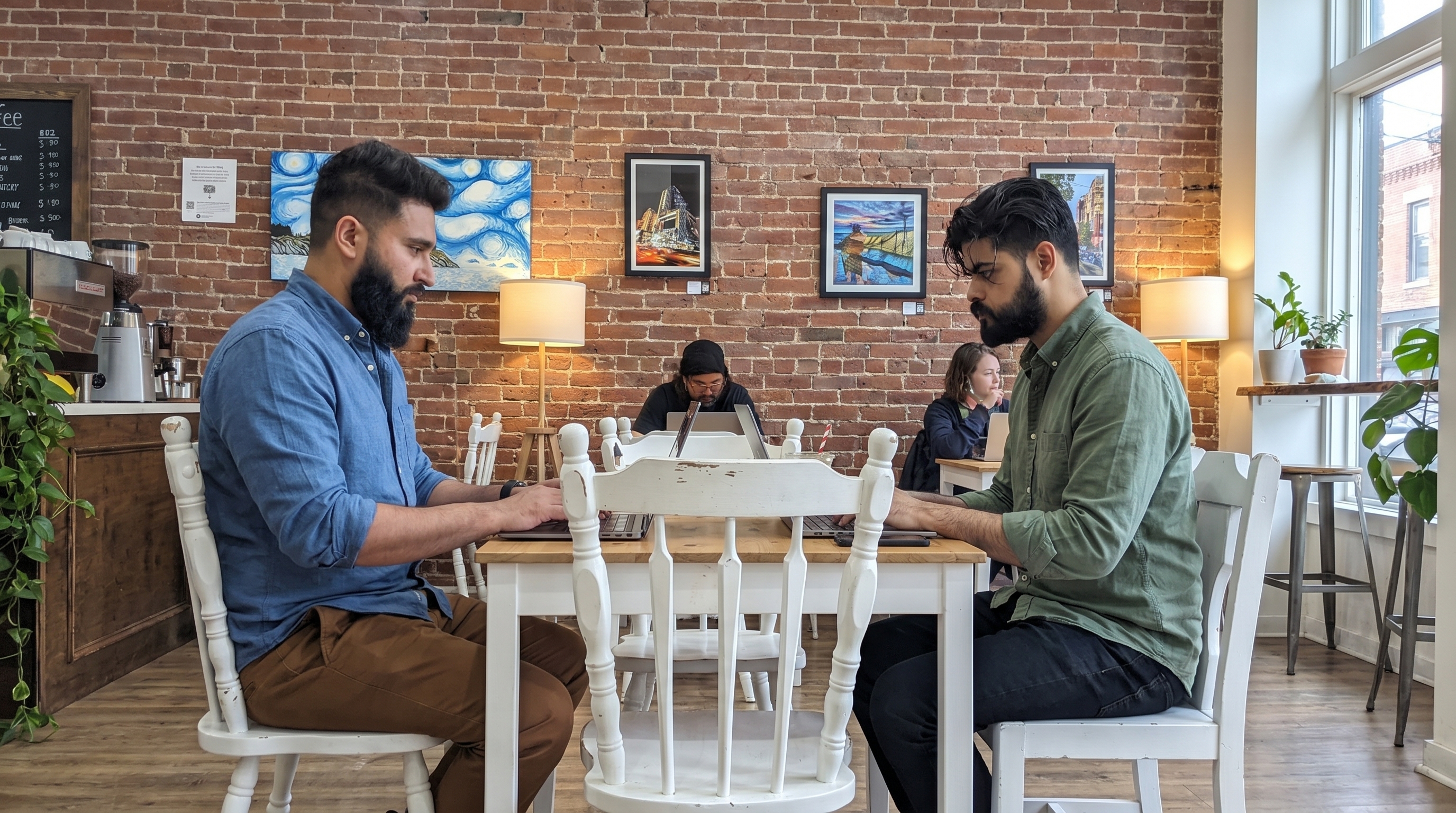 Two men sitting across from each other at a white wooden table in a cozy brick-walled café, both working on laptops, with framed artwork on the wall, warm table lamps, and green plants by the window.