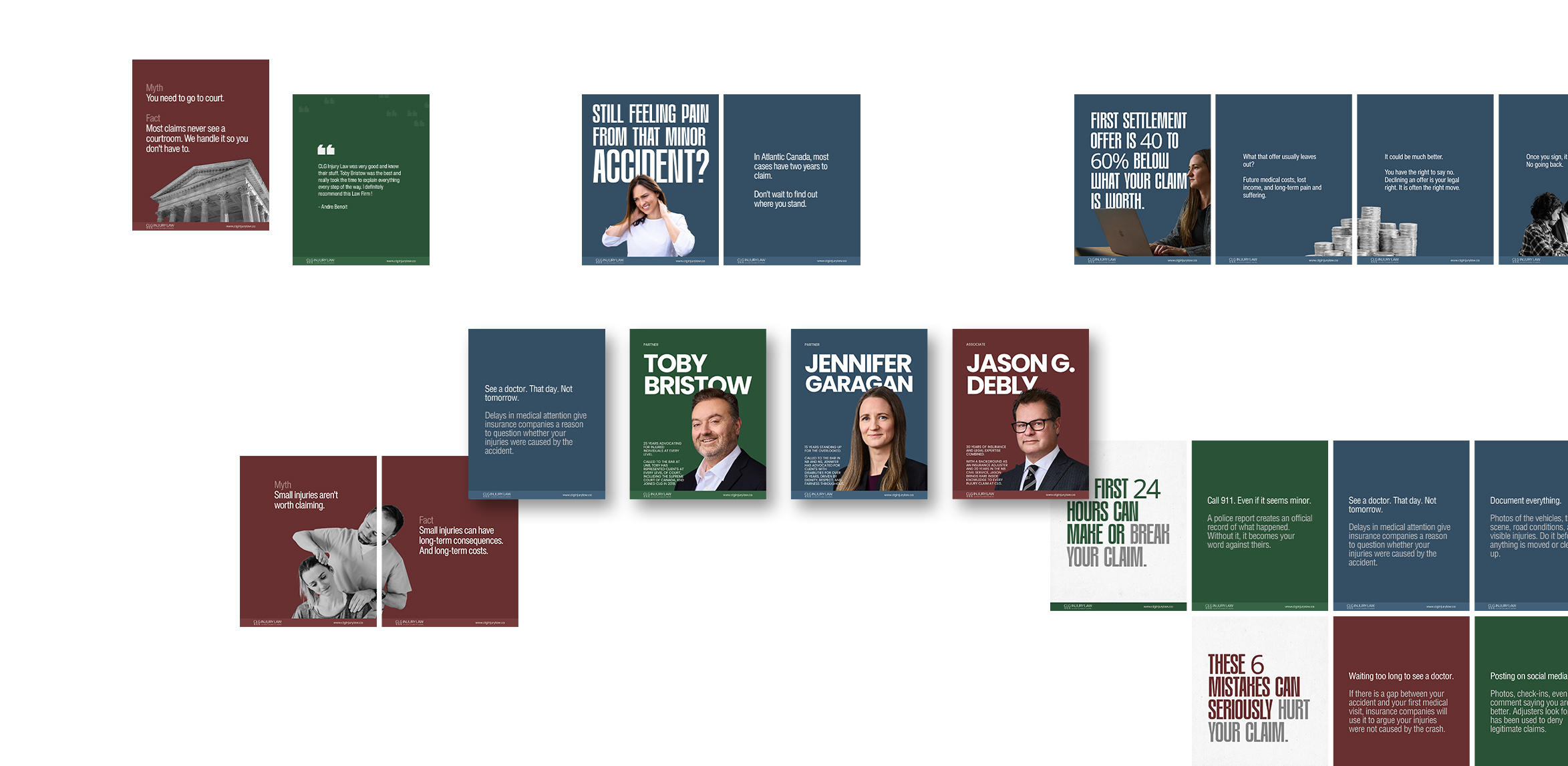 Collection of CLG Injury Law social media graphic designs in the three-province colour palette featuring lawyer profile cards and educational posts about injury claims