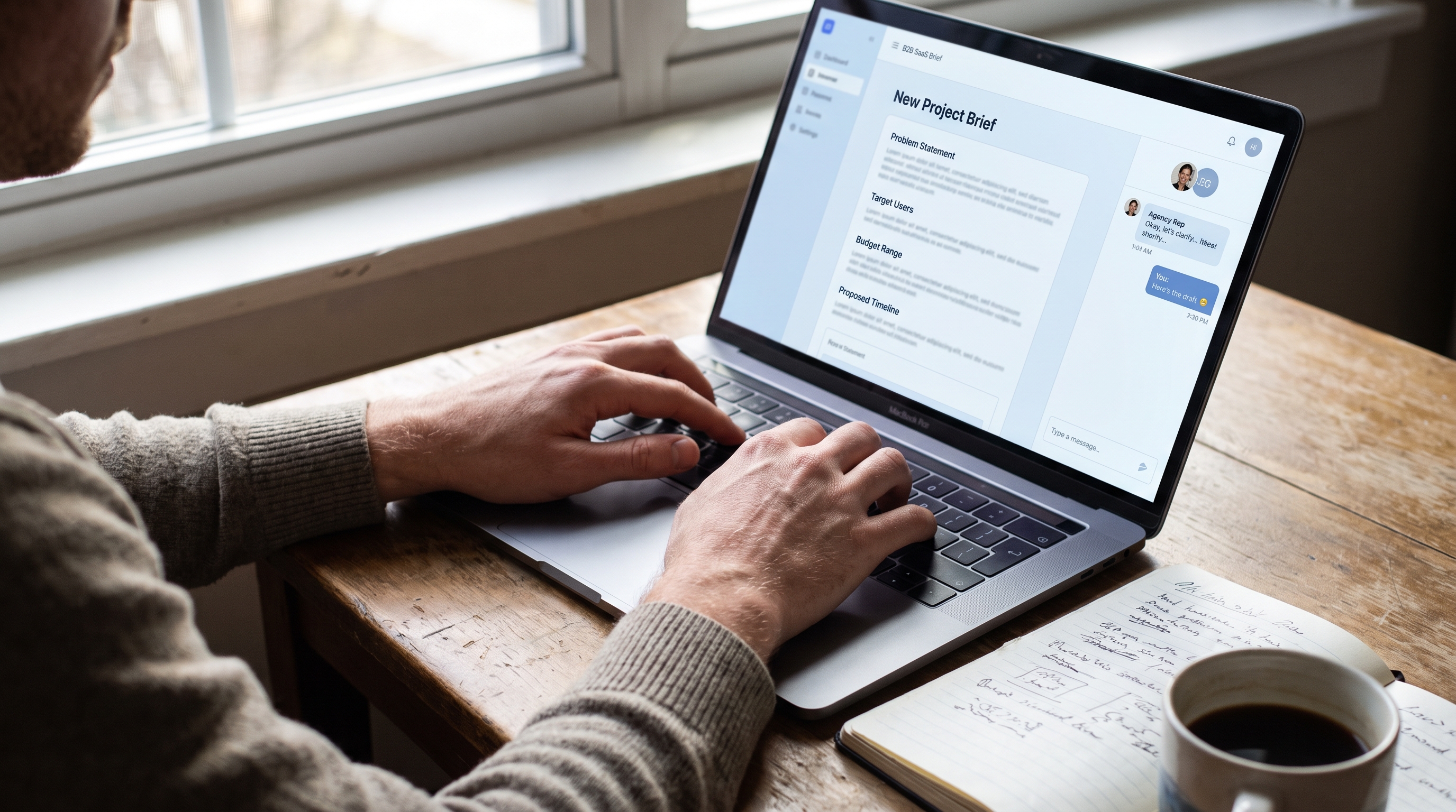Person typing on a laptop displaying a B2B consultation platform interface, writing a project brief with a notebook and coffee beside them.