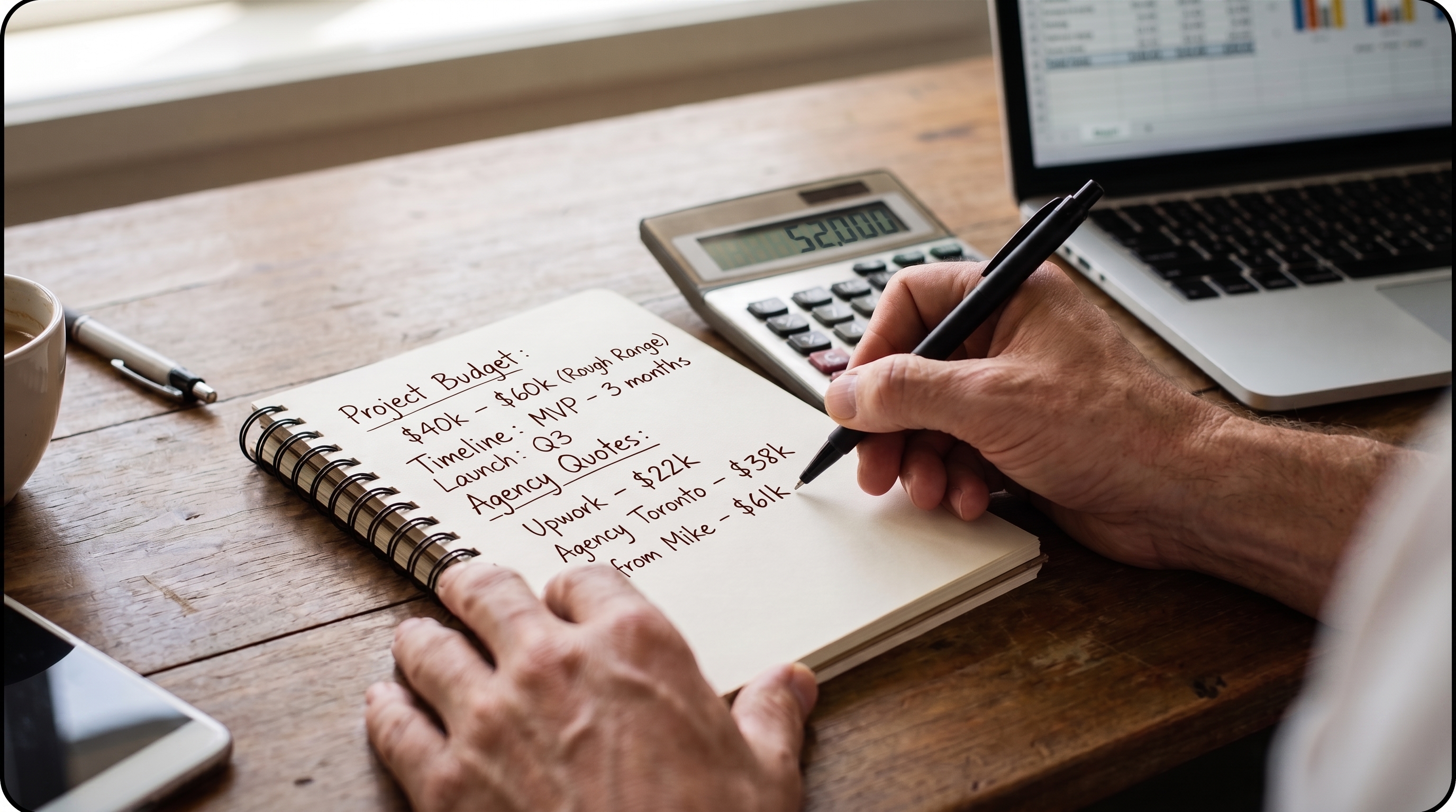 Close-up of hands writing a rough project budget and agency quotes in a notebook, next to a calculator and laptop with a spreadsheet.