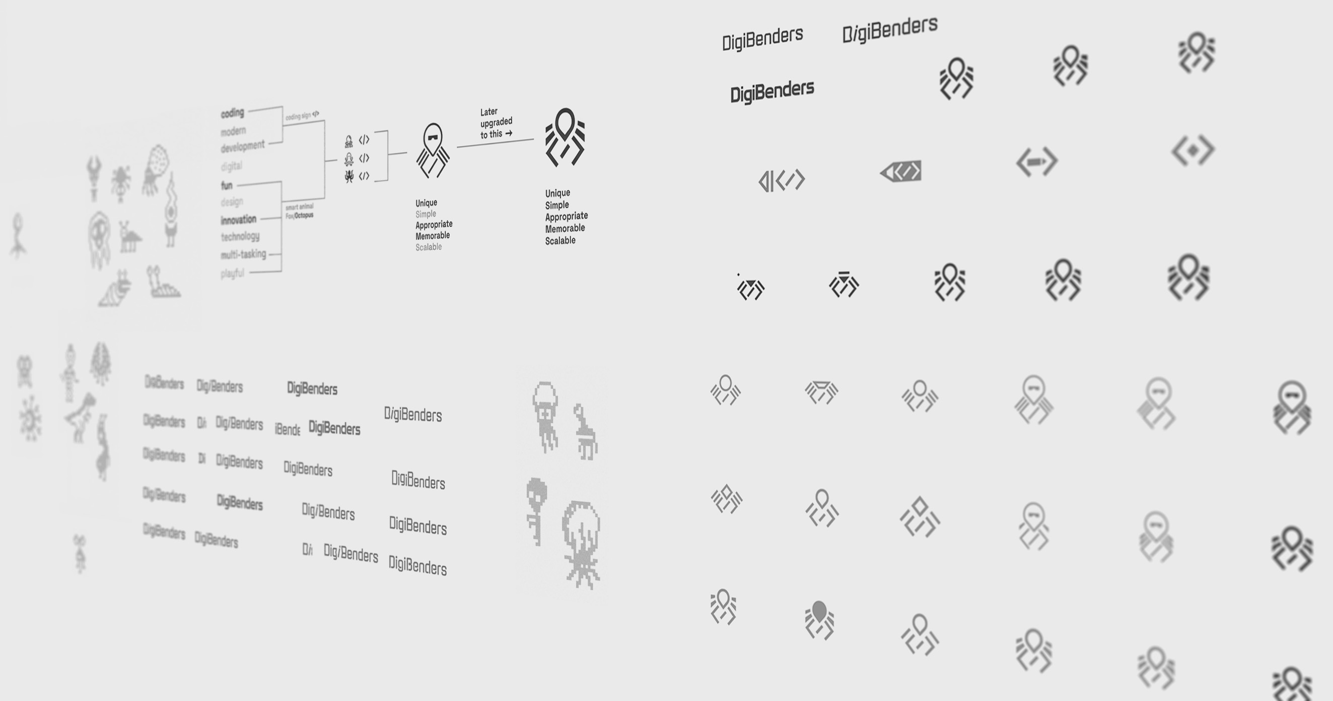 Logo design exploration for DigiBenders showing brand word associations, animal and coding-sign concepts, and final logo mark iterations.