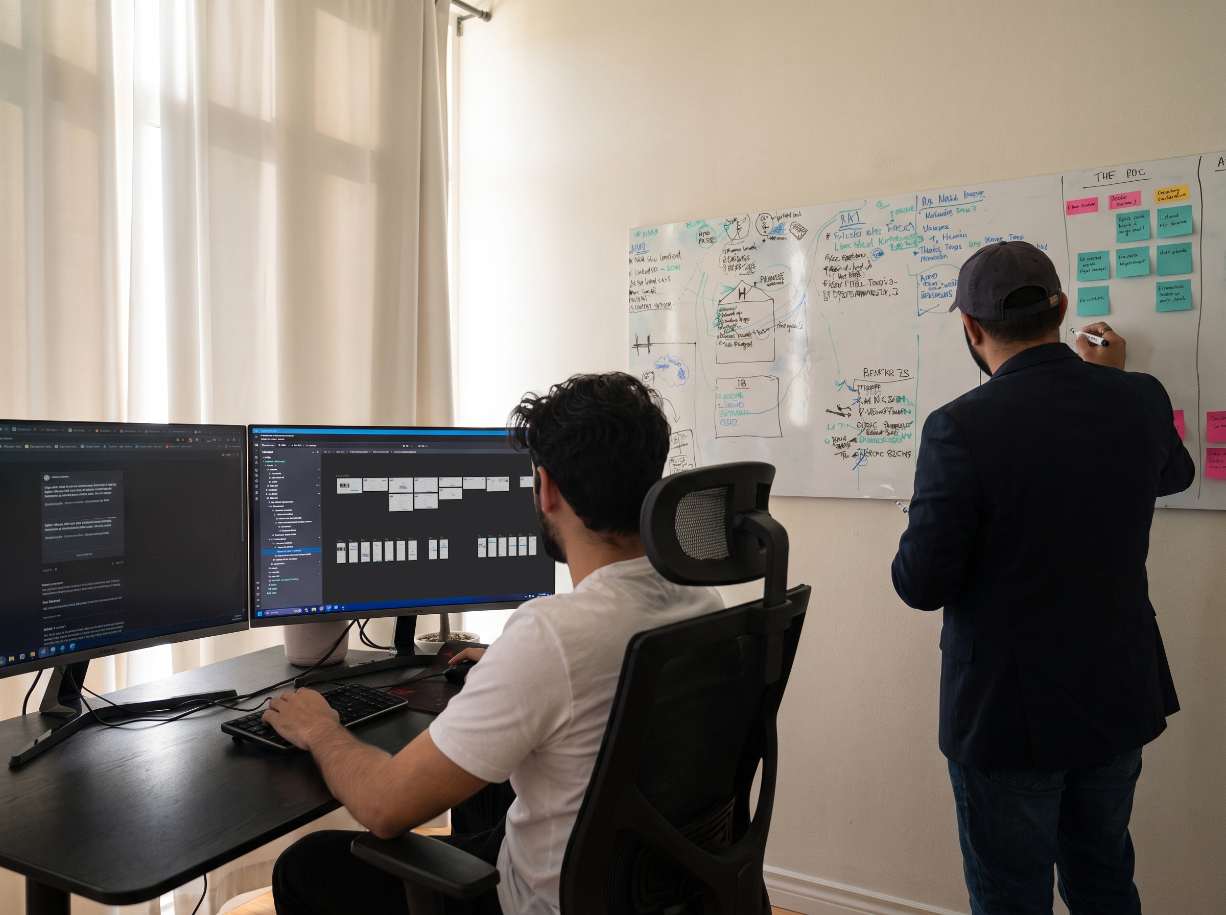 Nikhil and Meet working in a studio, one at a dual-monitor desk reviewing UI wireframes and one writing on a whiteboard covered in project planning notes and sticky notes.