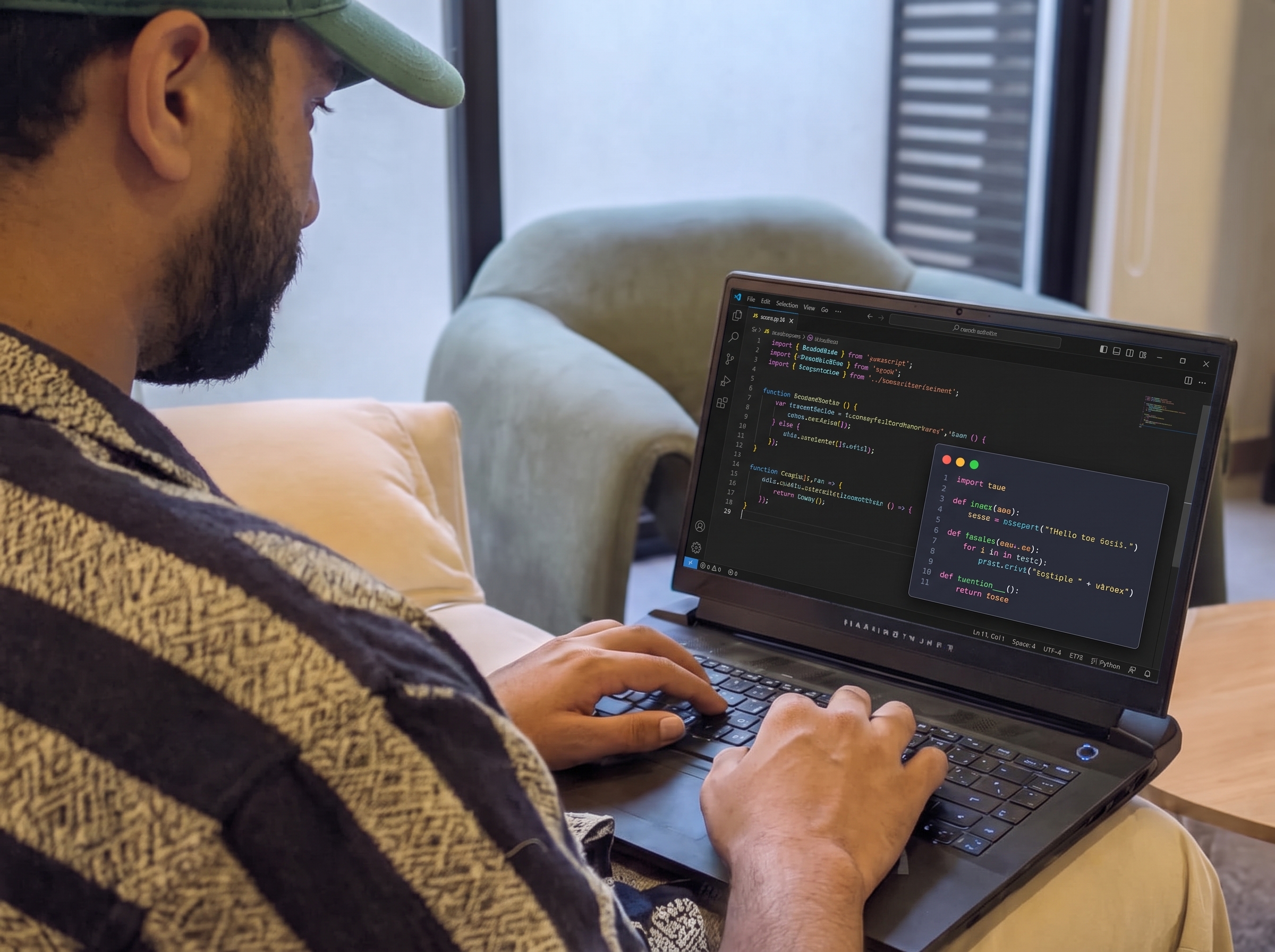 Person in a green cap coding on a laptop with a code editor open, working from a modern lounge space.
