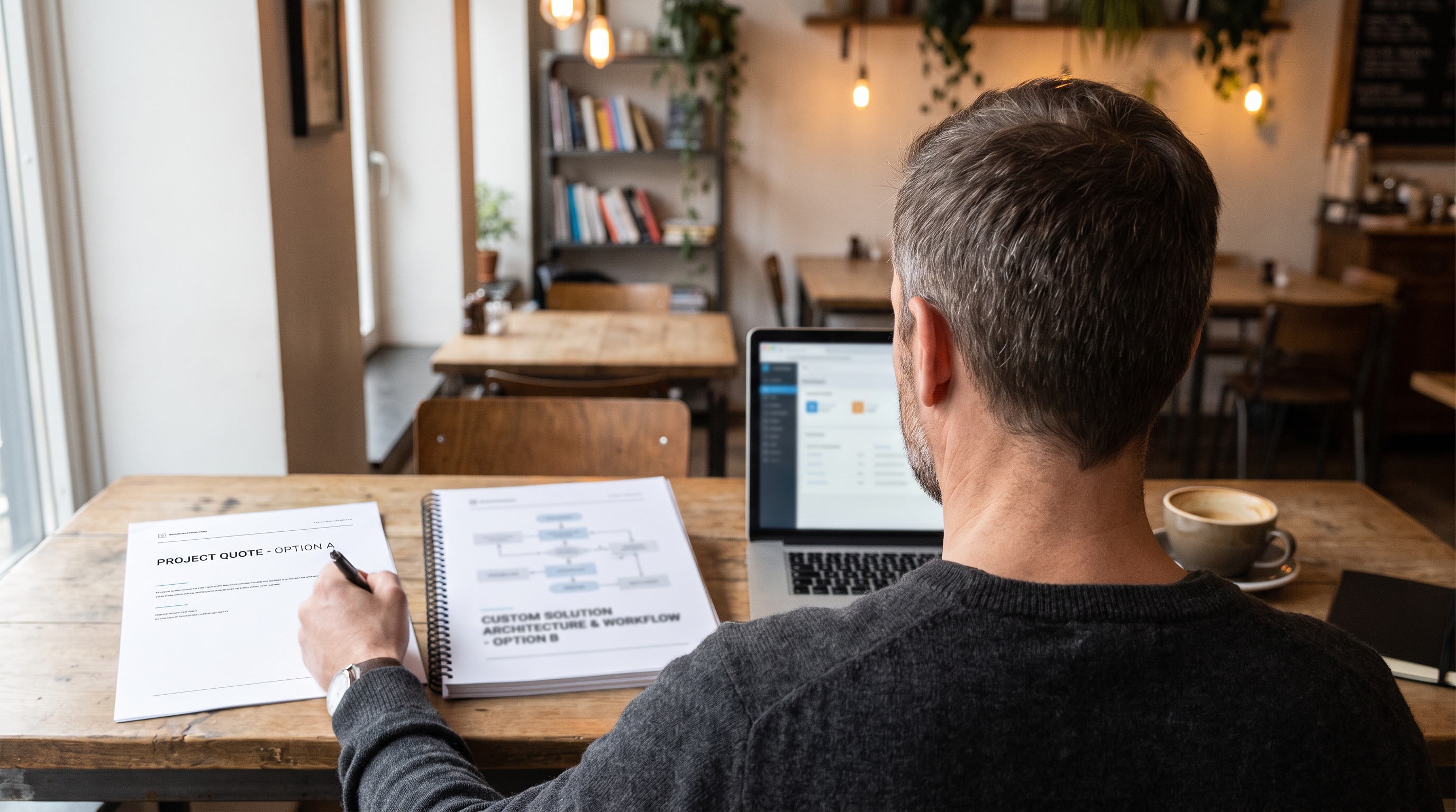 Man at a café table reviewing a "Project Quote" document and a "Custom Solution Architecture & Workflow" proposal next to an open laptop and coffee.