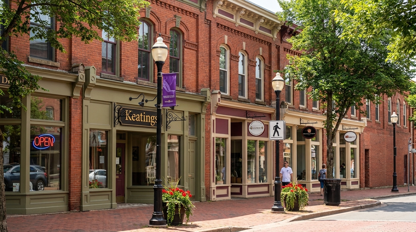 Row of heritage storefronts with red brick buildings, cast iron lamp posts, and flower planters on a sunny summer day in Saint John downtown