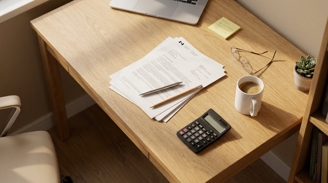 Canadian government grant application form on a wooden desk with a calculator, coffee cup, reading glasses, sticky note, and pen.