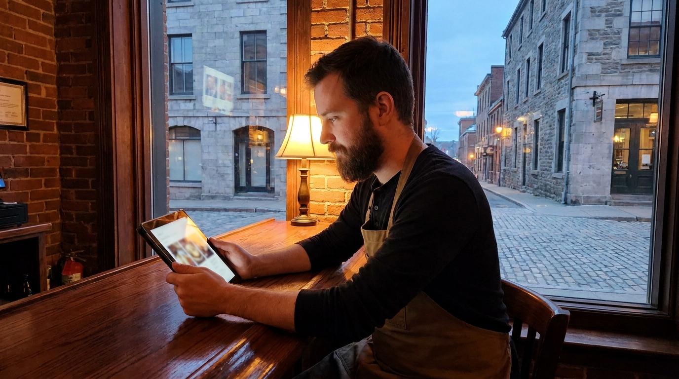 Bar owner updating his restaurant website on a tablet in a Saint John bar