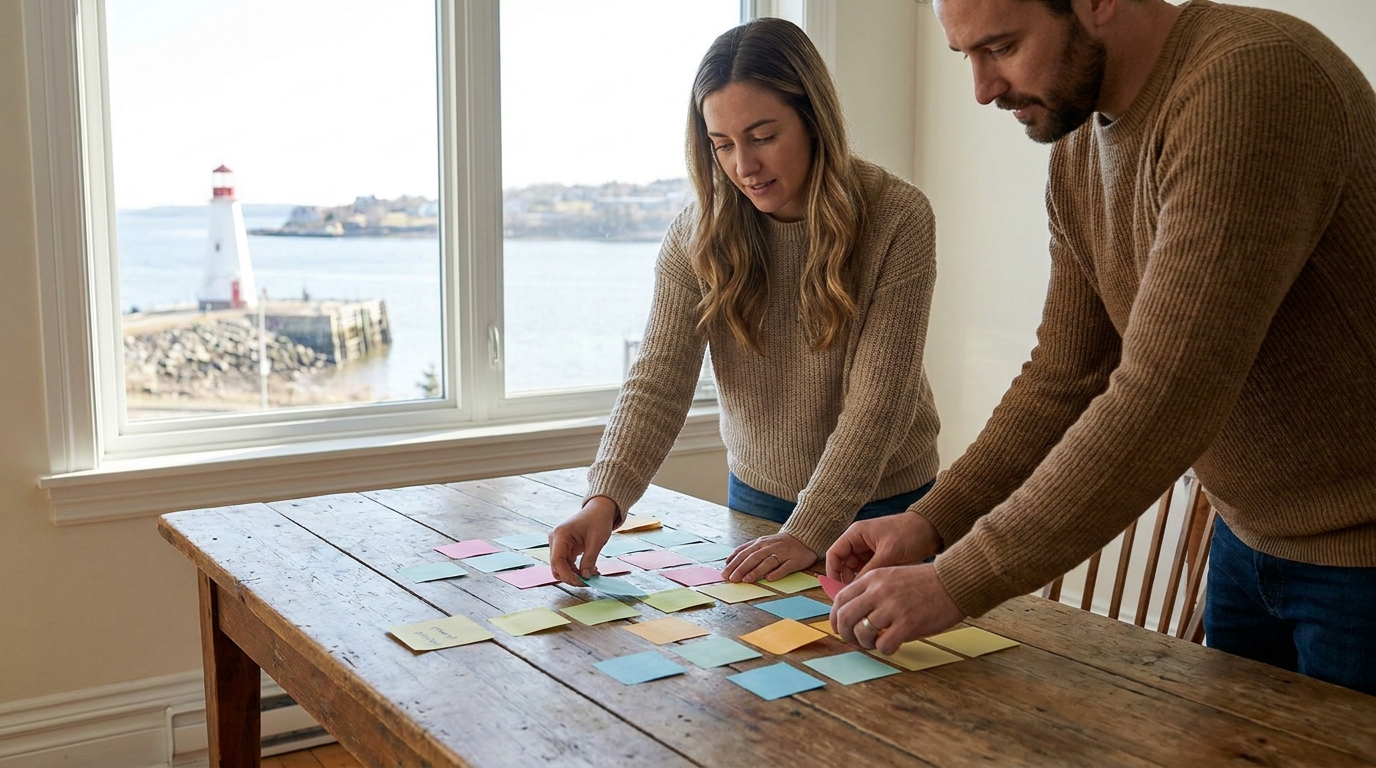 Designer and business owner planning a website sitemap with sticky notes in Saint John