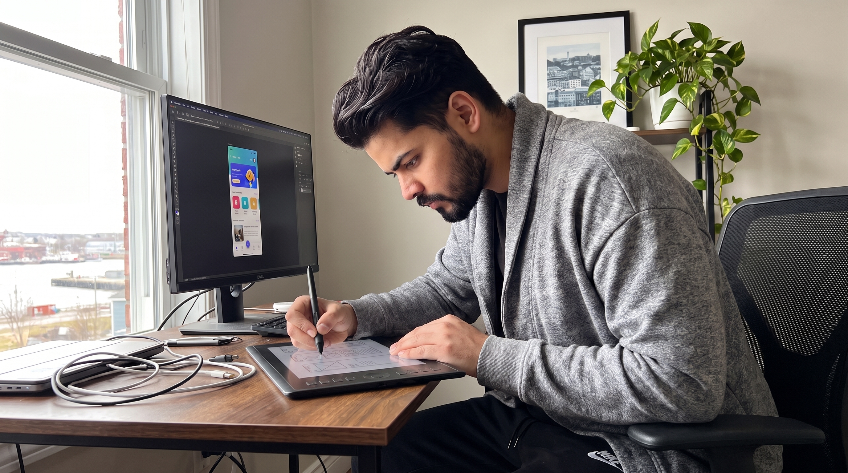 Designer sketching a mobile UI and UX layout beside a monitor showing a wireframe in a bright studio