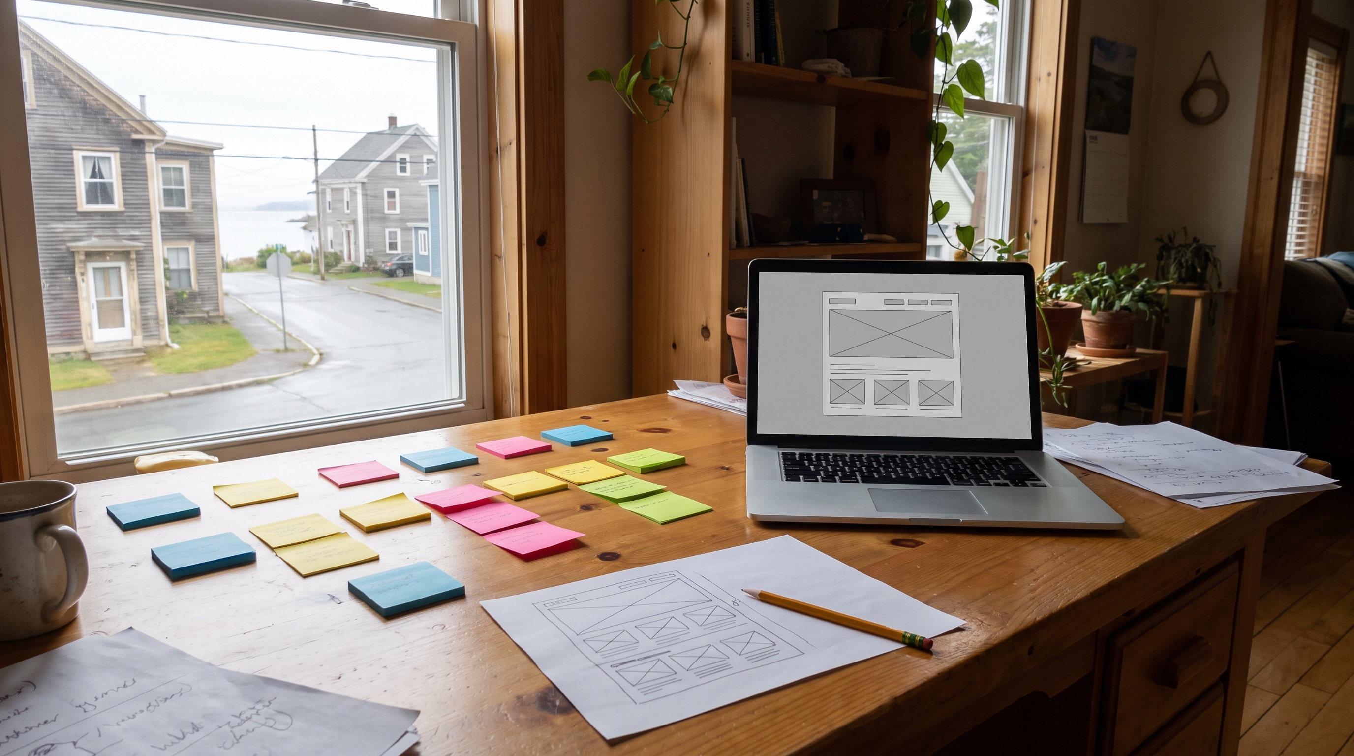 Desk covered in sticky notes mapping a customer journey beside a laptop showing a wireframe