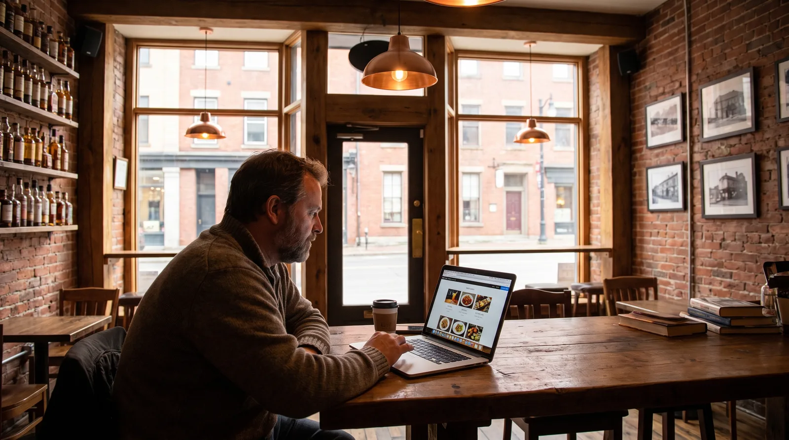 Bar owner editing his own website menu page on a laptop in a Saint John bar