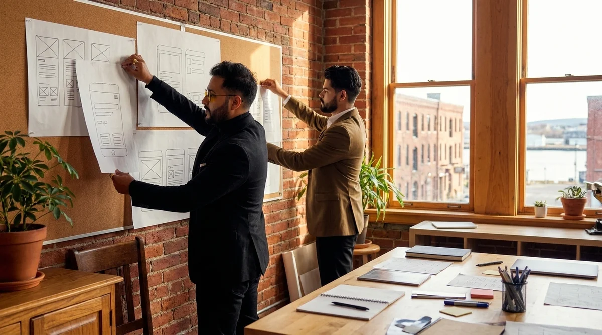 Business owner and designer planning a website build in Saint John while comparing website cost in Canada