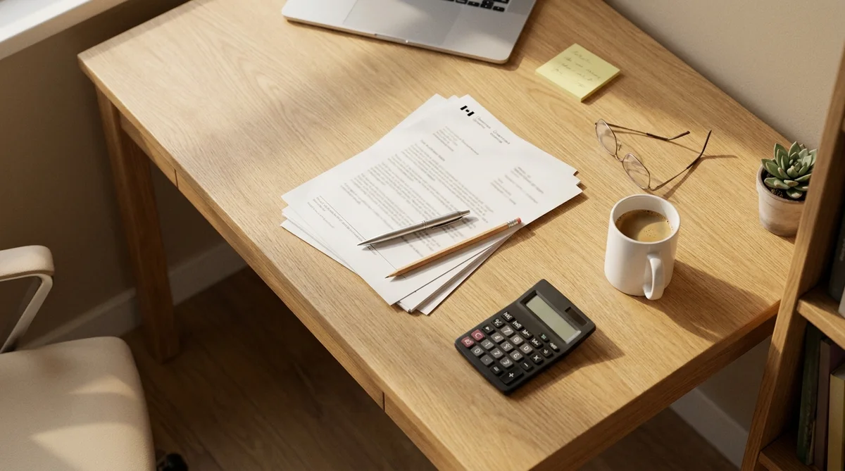 Canadian government grant application form on a wooden desk with a calculator, coffee cup, reading glasses, sticky note, and pen.