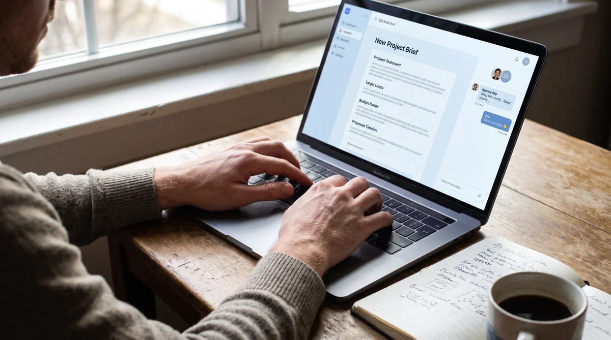 Person typing on a laptop displaying a B2B consultation platform interface, writing a project brief with a notebook and coffee beside them.
