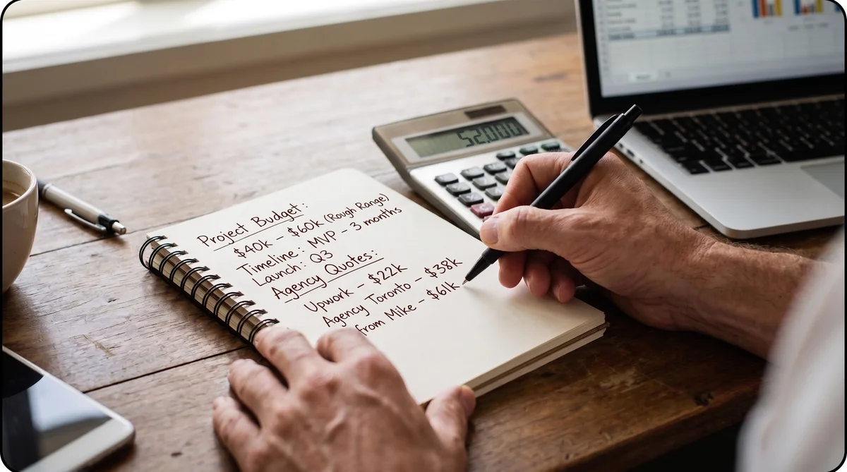 Close-up of hands writing a rough project budget and agency quotes in a notebook, next to a calculator and laptop with a spreadsheet.