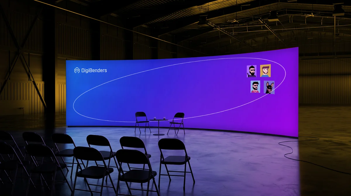 Mockup of a DigiBenders branded conference stage backdrop with logo, seating area, and speaker avatars on a large curved LED screen.