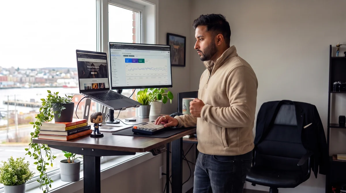 Desk setup showing how to redesign a website, with a new homepage and search performance charts