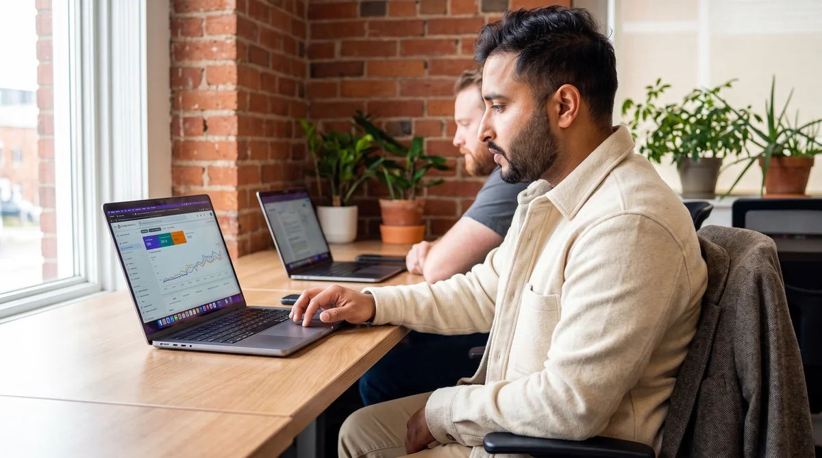 Two people checking search performance charts on a laptop after a website redesign launch