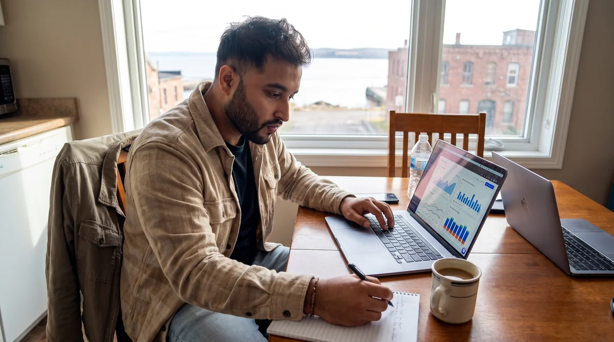Person at a kitchen table reviewing an analytics dashboard before a website redesign
