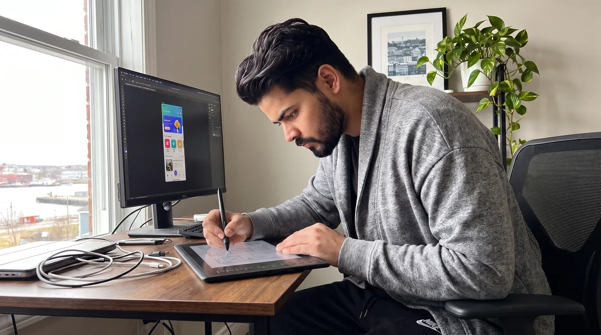 Designer sketching a mobile UI and UX layout beside a monitor showing a wireframe in a bright studio