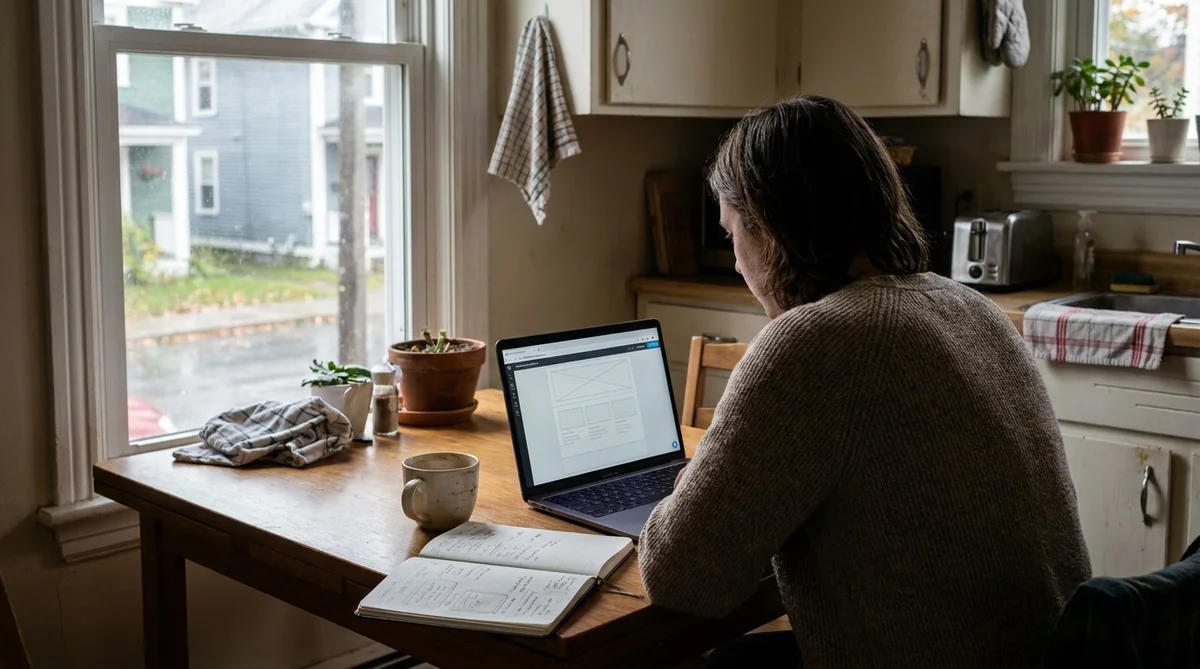 Small business owner trying an AI website builder on a laptop at a kitchen table