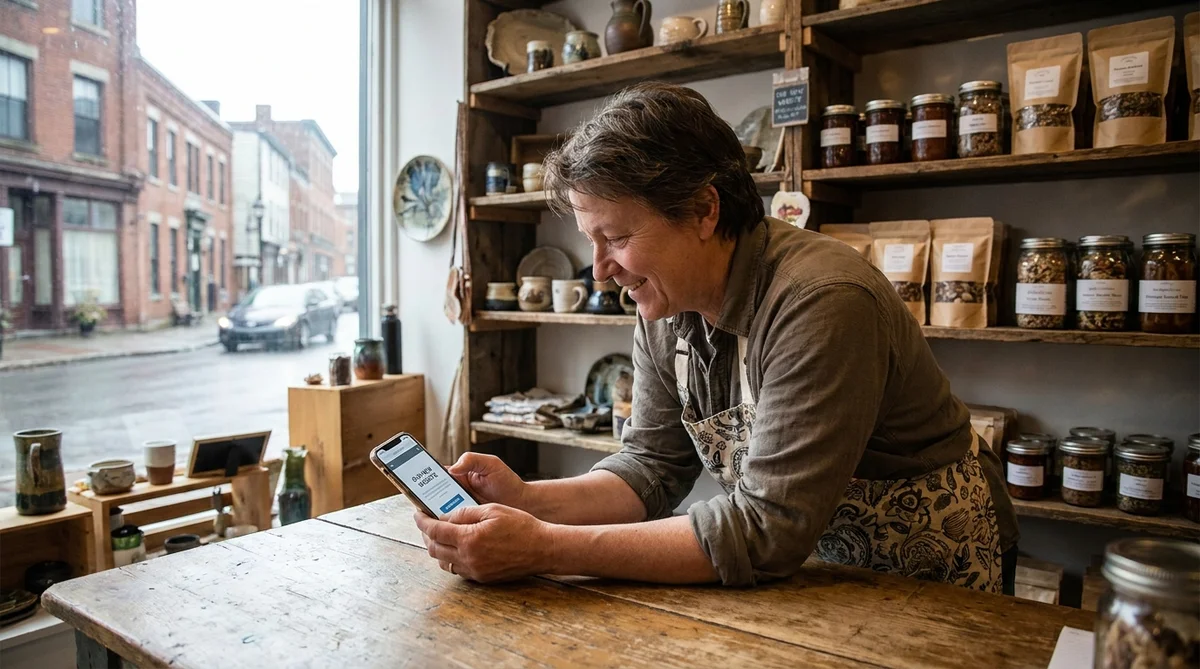 Shop owner reviewing a newly designed website on a phone inside a small storefront
