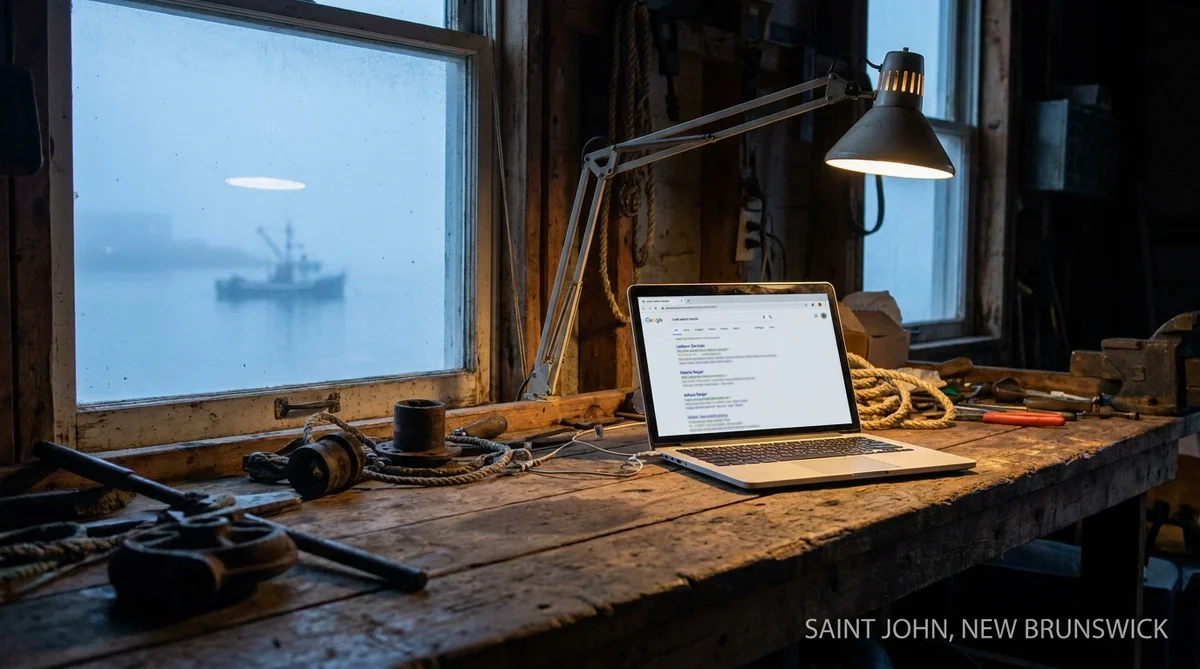 Laptop on a harbour workshop bench in Saint John showing local search results, asking is SEO worth it