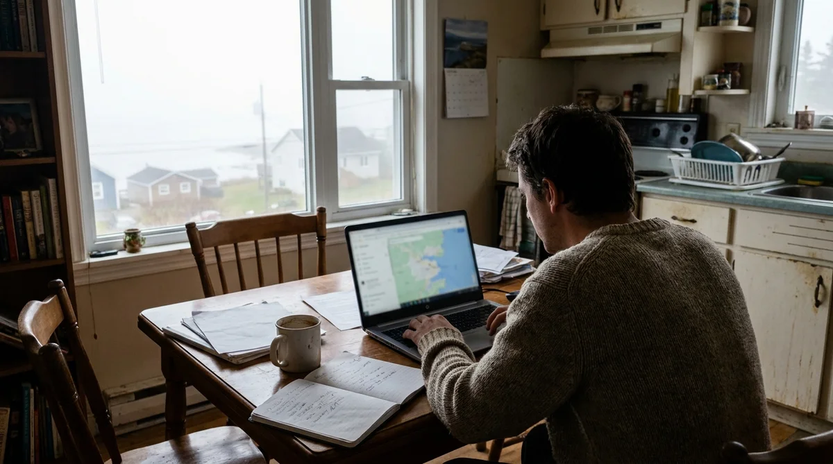 Owner at a kitchen table in Saint John checking a generic local map listings screen