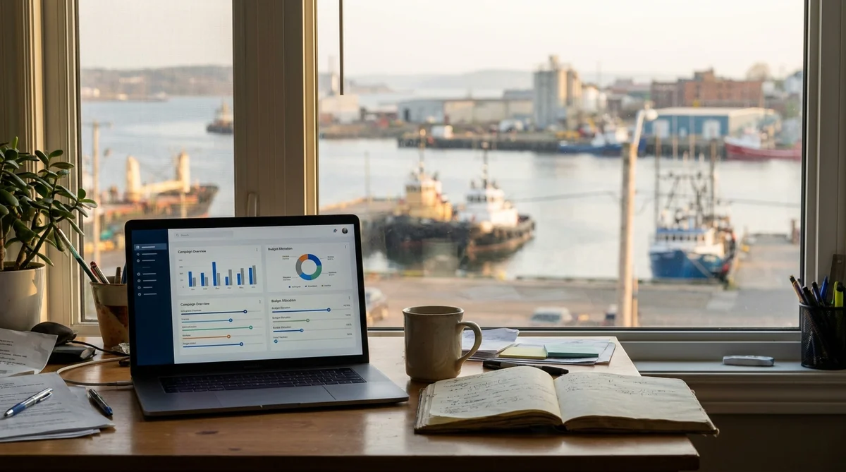 Home office desk by a harbour window with a dashboard showing Google Ads cost controls