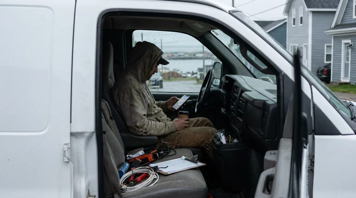 Tradesperson in a van checking a phone, illustrating Google Ads cost per click by industry