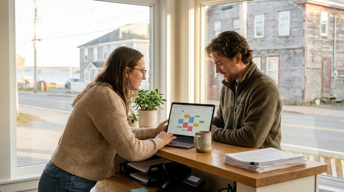 Two people reviewing an appointment calendar, showing whether Google Ads cost turns into booked calls