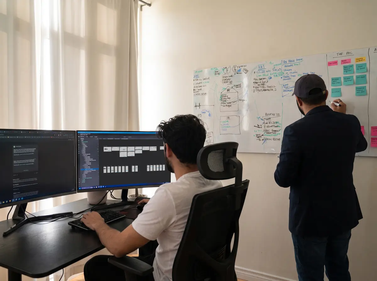 Nikhil and Meet working in a studio, one at a dual-monitor desk reviewing UI wireframes and one writing on a whiteboard covered in project planning notes and sticky notes.