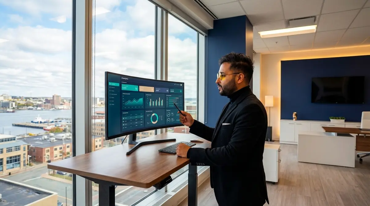 Nikhil from DigiBenders reviewing a business analytics dashboard at a standing desk overlooking Saint John harbour, New Brunswick.