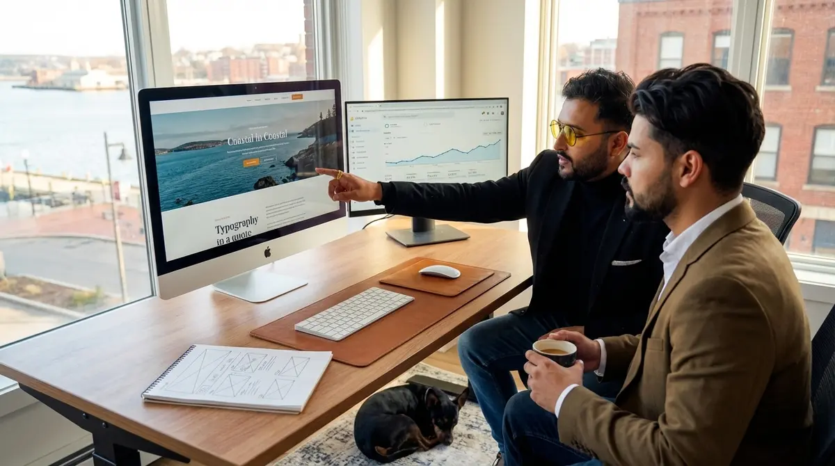 Meet and Nikhil reviewing Webflow design and analytics results.