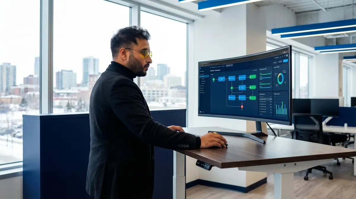 Nikhil reviewing a business process automation workflow on a large curved monitor at a standing desk in a modern office.