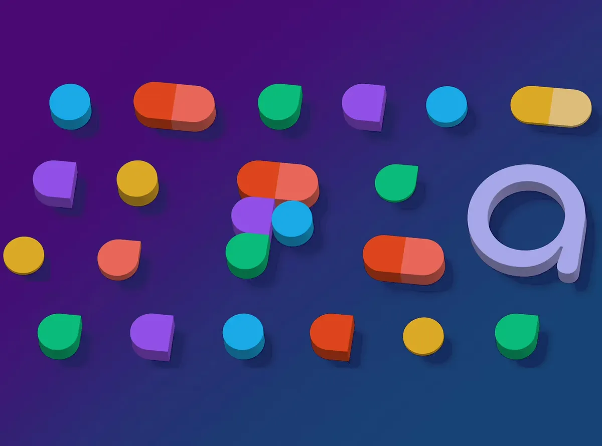 Colorful, abstract shapes and 3D figures resembling elements from the Figma logo on a dark background.